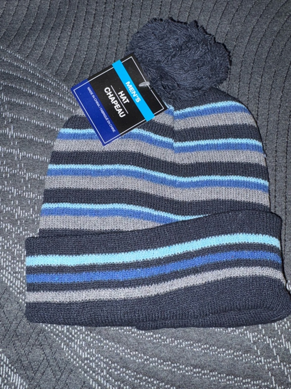 Men's Striped Pom Beanie - Navy Blue